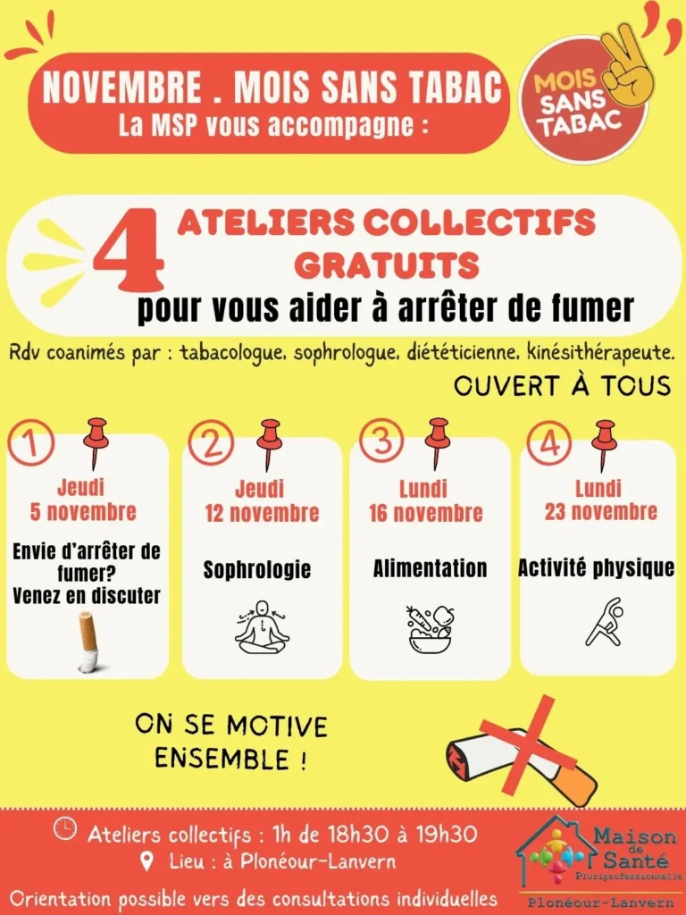 Affiche Mois sans tabac, novembre 2026 : 4 ateliers collectifs gratuits à la MSP de Plonéour-Lanvern pour arrêter de fumer